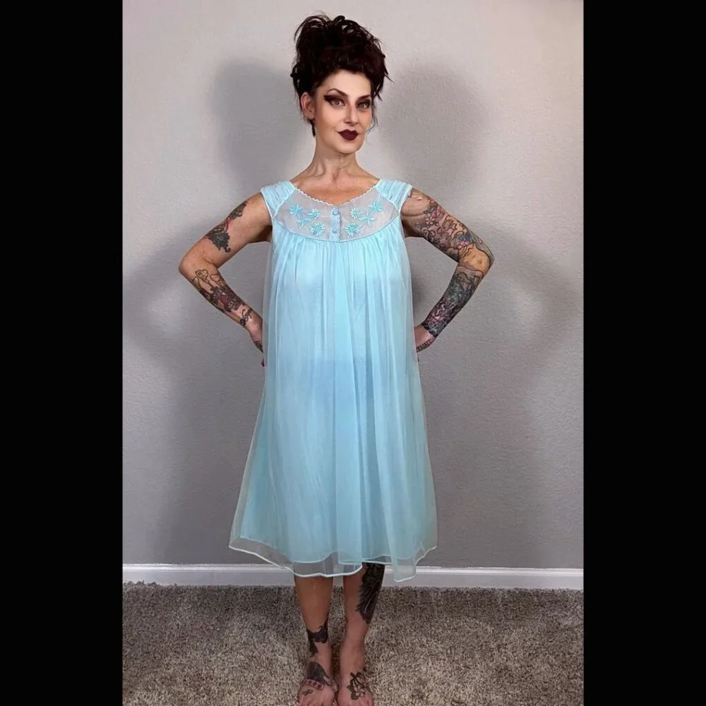 60s Bright Blue Babydoll Double Layer Lingerie Embroidered Floral Mod Pinup M L - Picture 4 of 15
